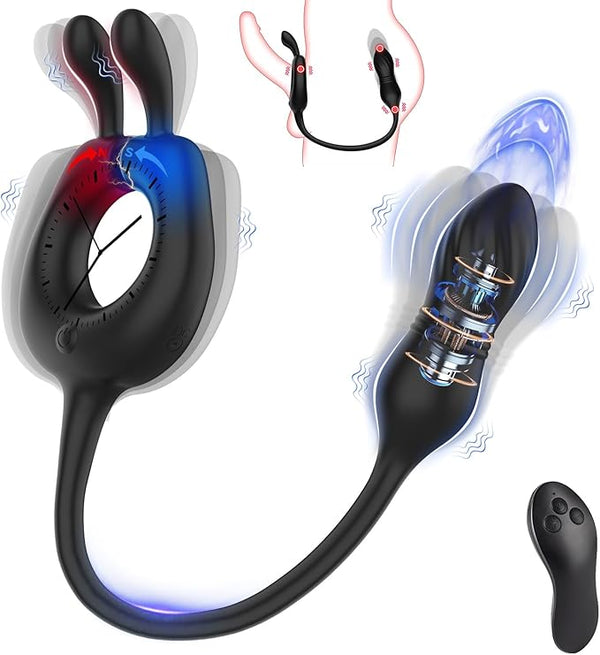 💥2026-4 IN 1 Bunny Massage, Male Sex Toy for Men Couples, 10 Vibrations x 10 Thrustions Remote Control Nighty