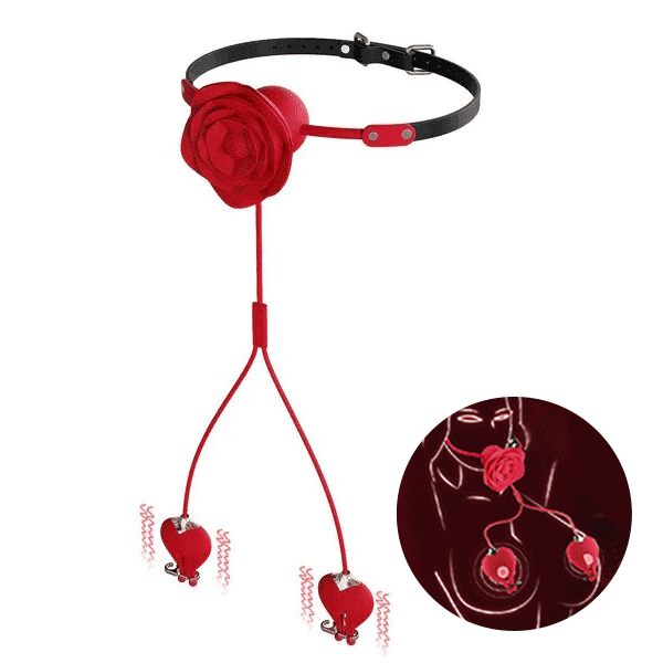 💥2026, Floriss - Rose Nipple Clamp Toys, 2 In 1 Adjustable Rose Necklace Mouth Gag Nighty