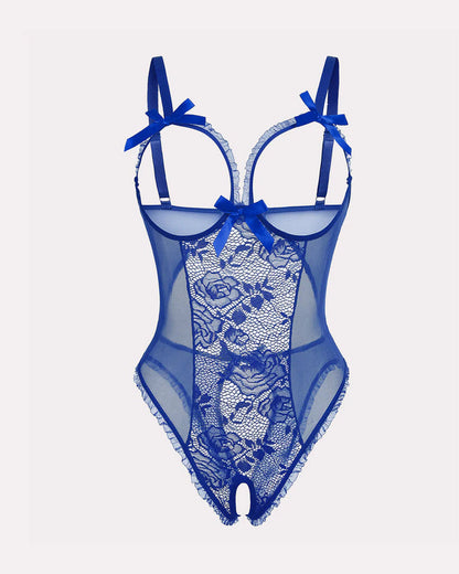 Sexy Flower Lace Mesh Open Crotch One-Piece