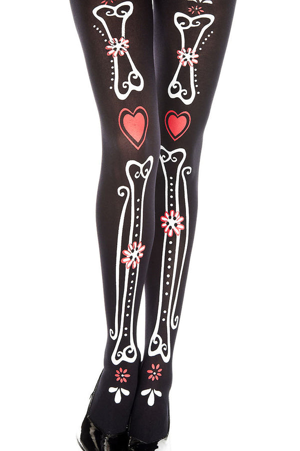 Bone and Heart Print Pantyhose Music Legs