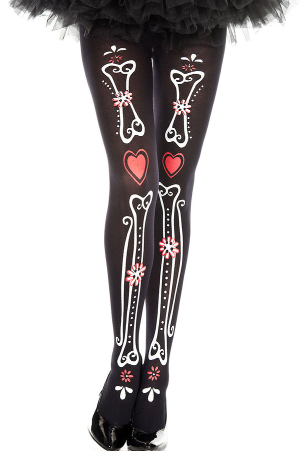 Bone and Heart Print Pantyhose Music Legs
