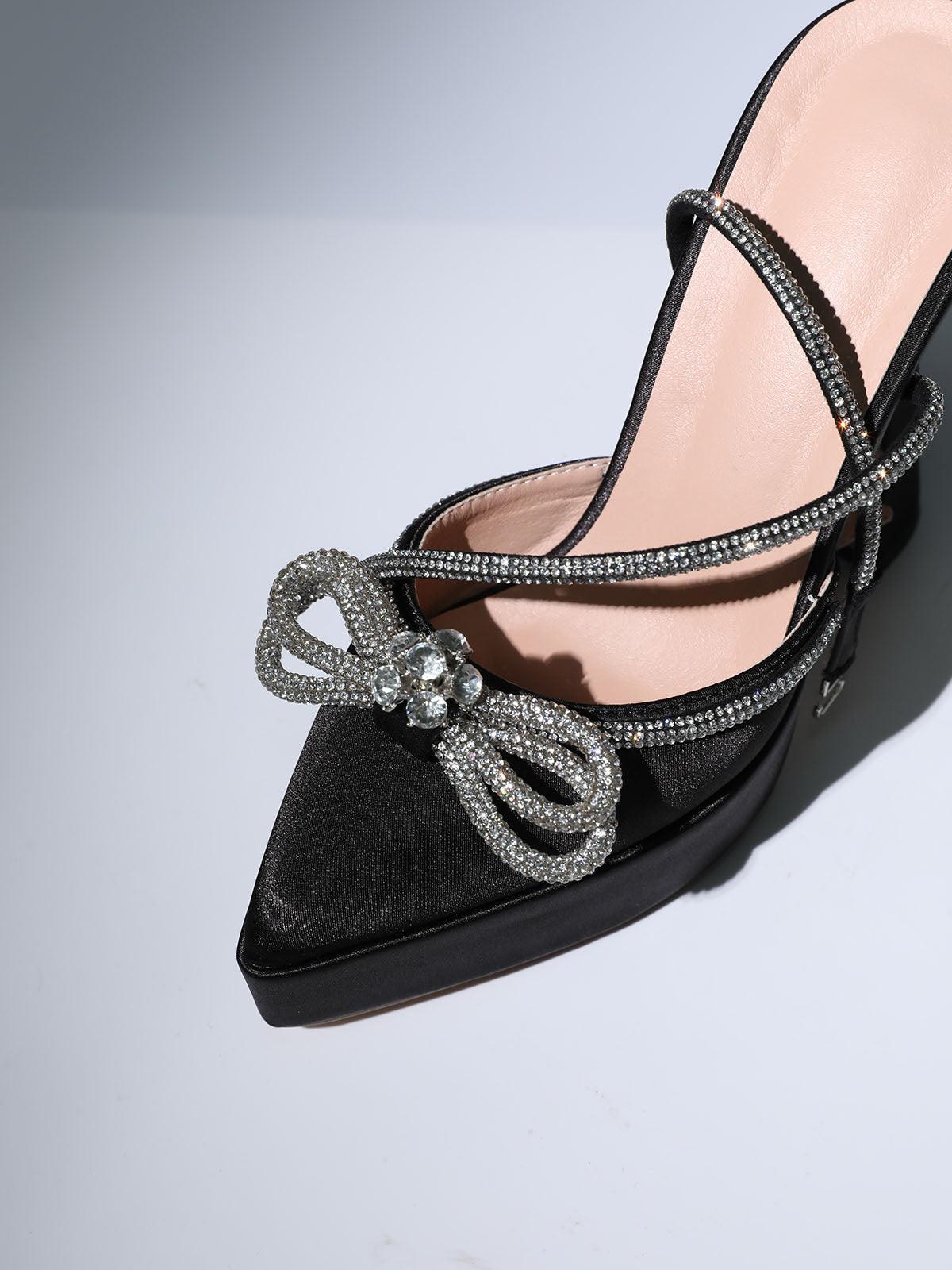 Anouk Bow Crystal Satin Heels In Black (made to order)