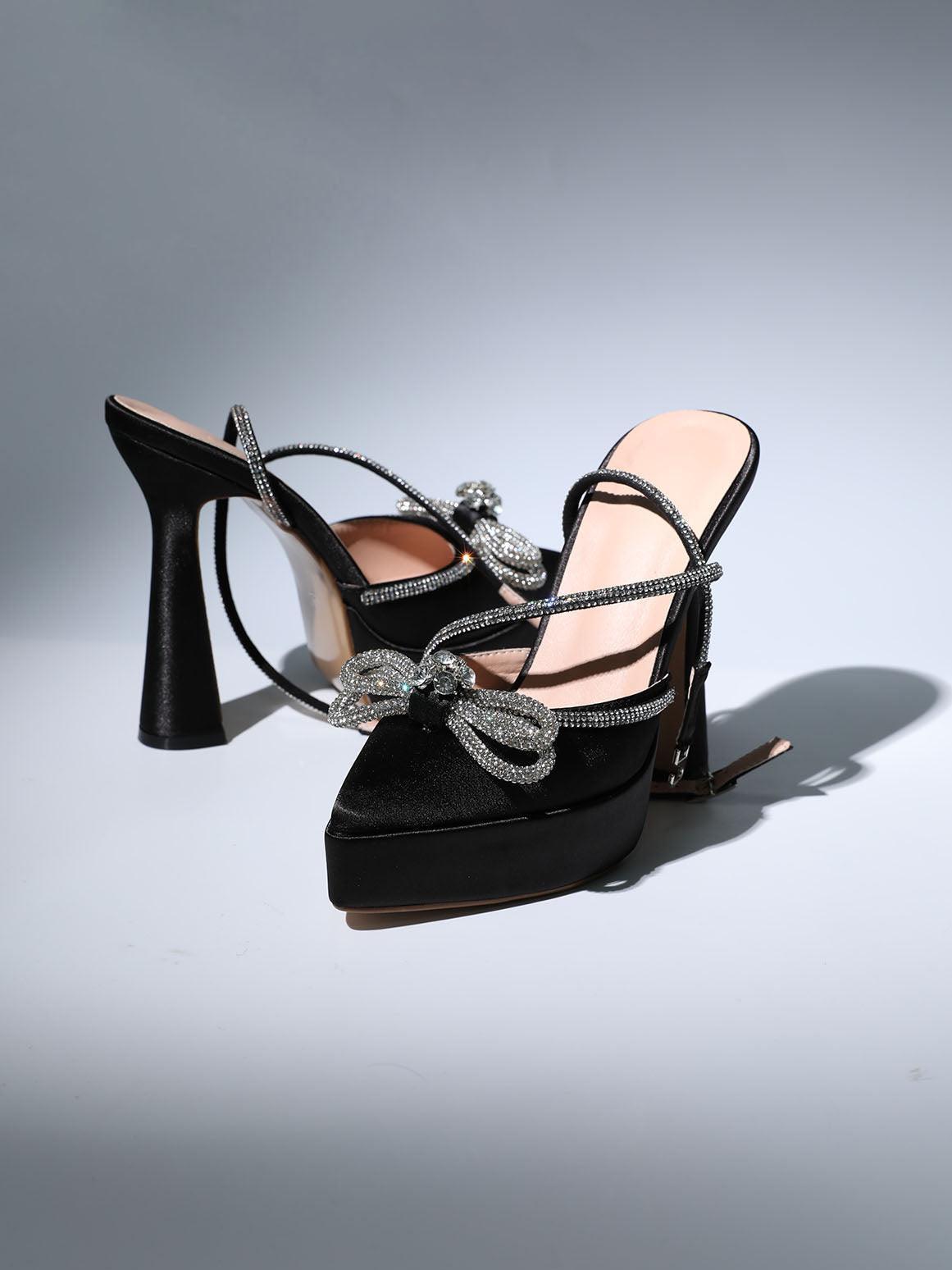 Anouk Bow Crystal Satin Heels In Black (made to order)