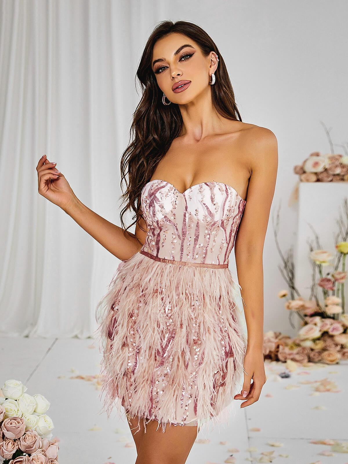 Ashlyn Strapless Feather Sequin Mini Dress