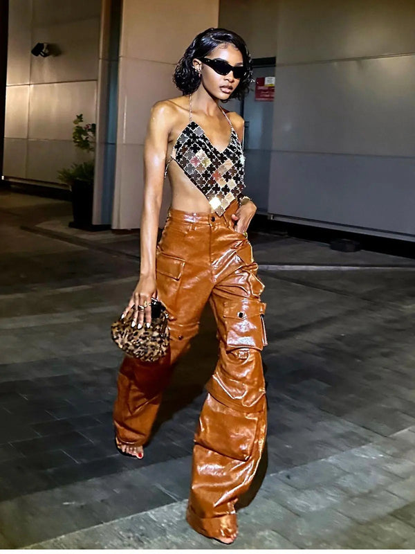Giulia Leather Pants In Brown Mew Mews Fashion