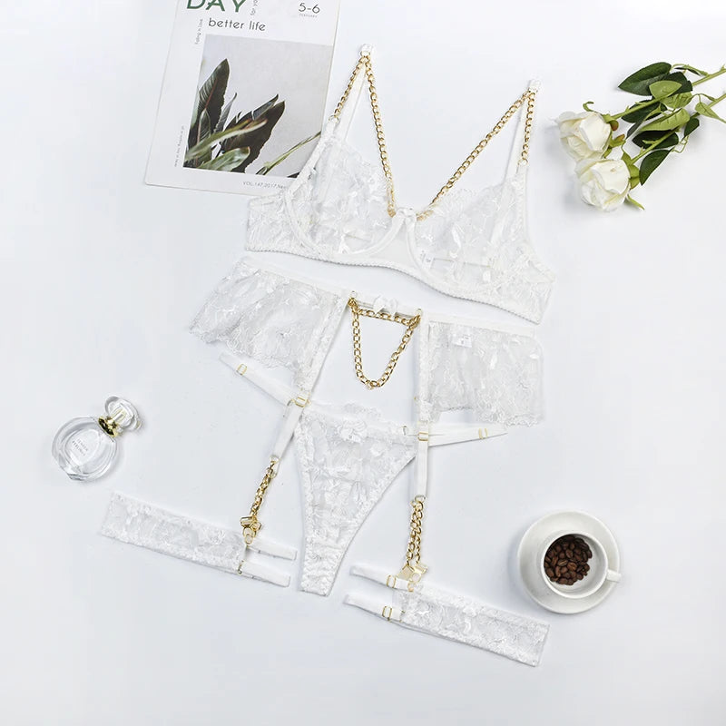 Ellolace Lingerie Luxury Lace Female Underwear Sexy Transparent Bra Panty Sets With Chain Fancy See Through Exotic Sets 4-Piece