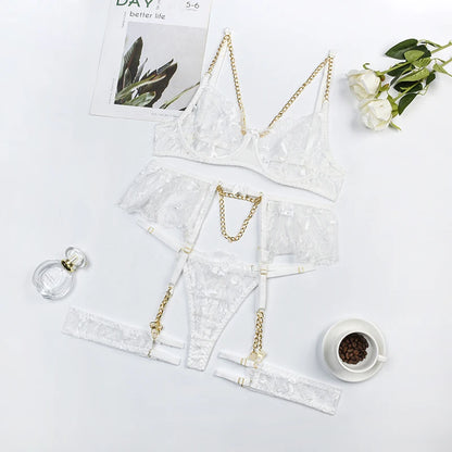 Ellolace Lingerie Luxury Lace Female Underwear Sexy Transparent Bra Panty Sets With Chain Fancy See Through Exotic Sets 4-Piece