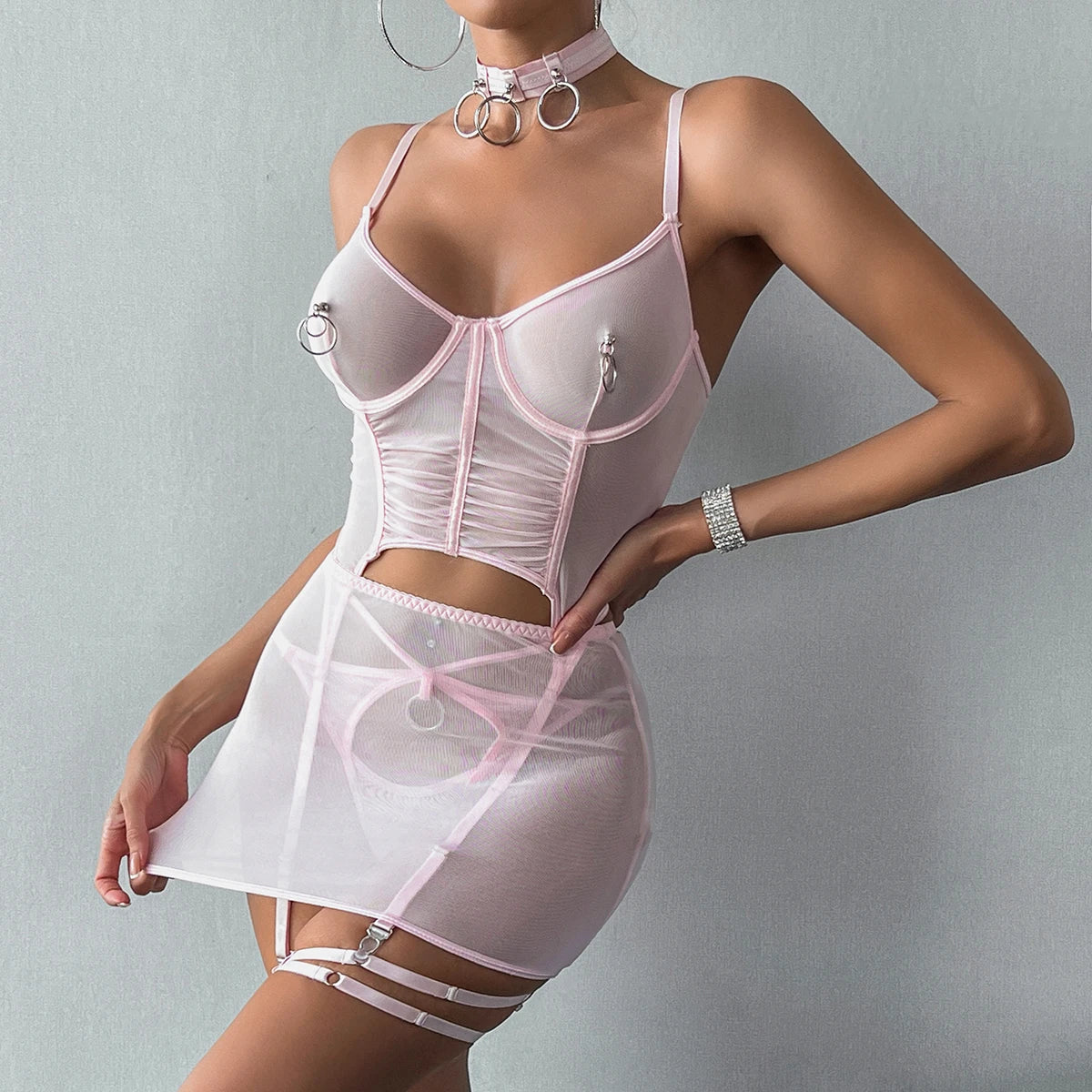 Ruffle Erotic Lingerie Transparent Lace Fancy Underwear Lifting Bolt Sensual Outfit Sheer Mesh Sissy Exotic Sets