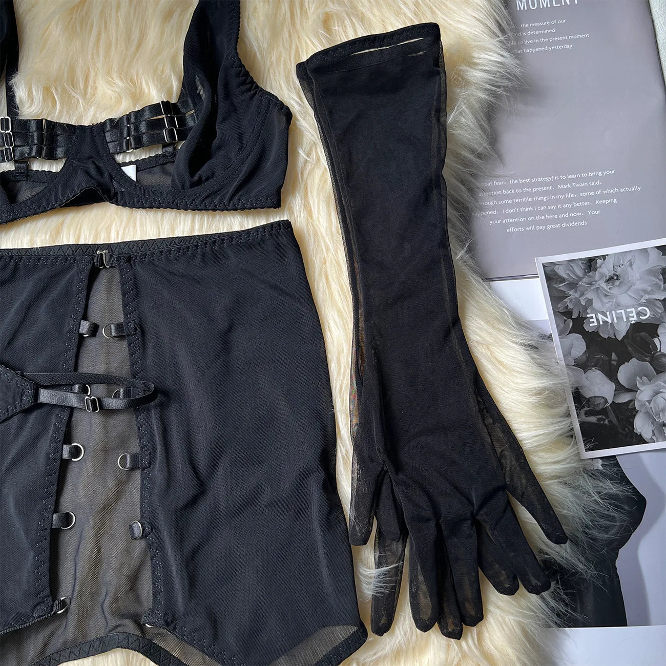 Sensual Lingerie Cut Out Bra Garter Lace Up Bandage Sissy Underwear 4-Piece Exotic Sets Transparent Mesh Intimate