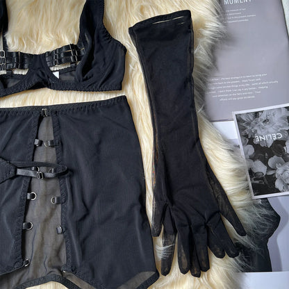 Sensual Lingerie Cut Out Bra Garter Lace Up Bandage Sissy Underwear 4-Piece Exotic Sets Transparent Mesh Intimate