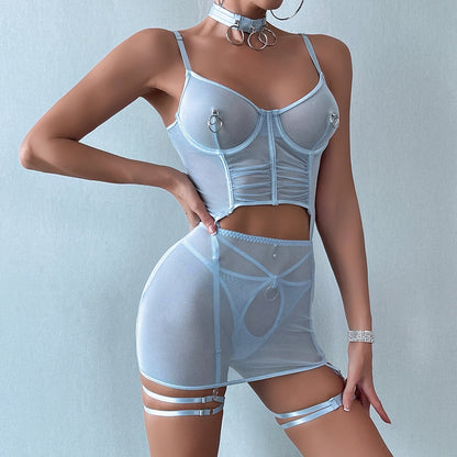 Ruffle Erotic Lingerie Transparent Lace Fancy Underwear Lifting Bolt Sensual Outfit Sheer Mesh Sissy Exotic Sets