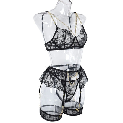 Ellolace Lingerie Luxury Lace Female Underwear Sexy Transparent Bra Panty Sets With Chain Fancy See Through Exotic Sets 4-Piece