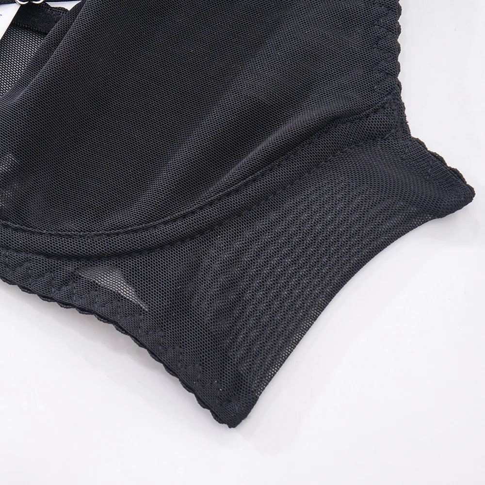 Sensual Lingerie Cut Out Bra Garter Lace Up Bandage Sissy Underwear 4-Piece Exotic Sets Transparent Mesh Intimate