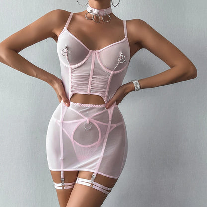 Ruffle Erotic Lingerie Transparent Lace Fancy Underwear Lifting Bolt Sensual Outfit Sheer Mesh Sissy Exotic Sets