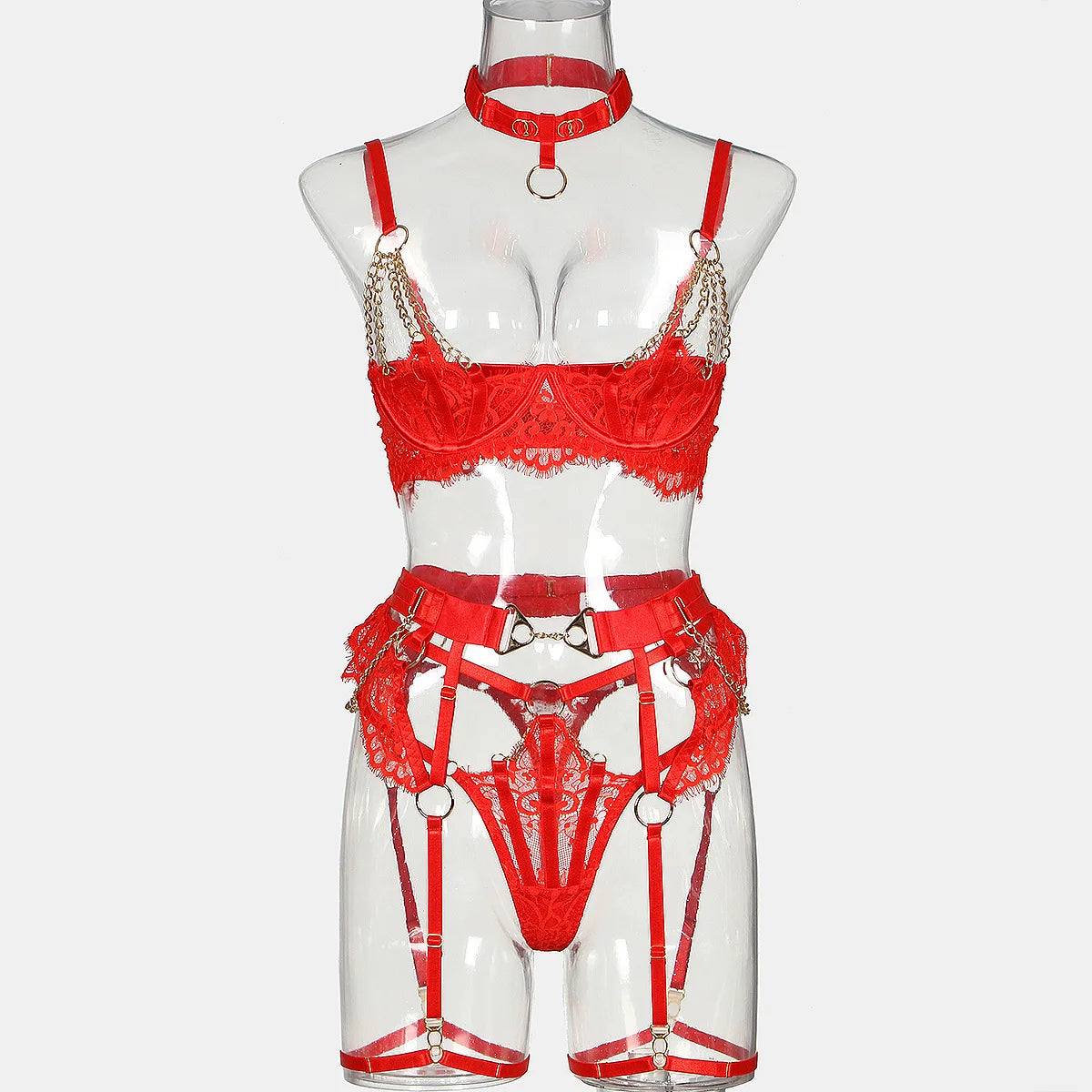 Fancy Lingerie Luxury Lace Push Up Half Cup Bra With Chain Hot Sexy Red Delicate Underwear Valentine Sissy Intimate LACYMATE®
