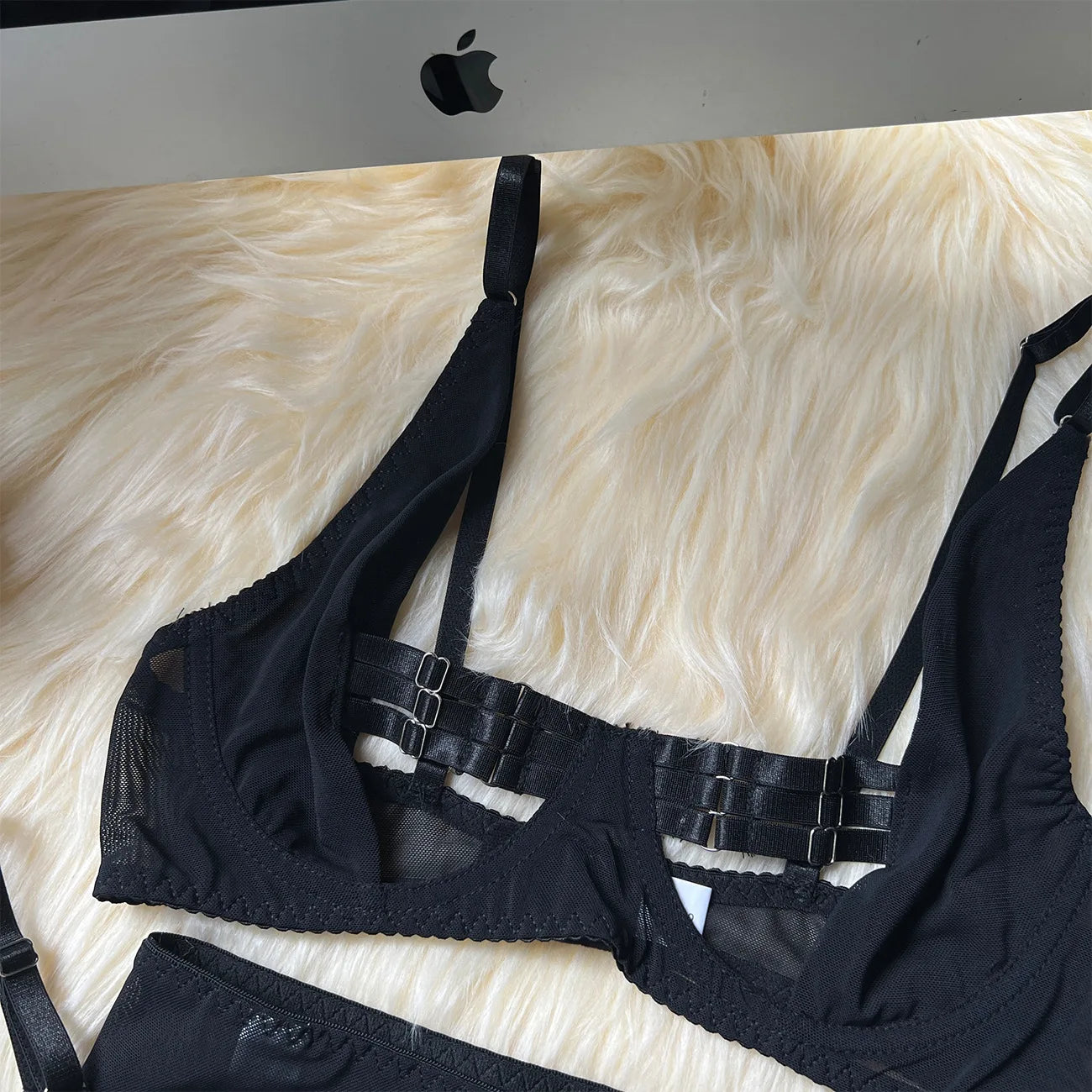 Sensual Lingerie Cut Out Bra Garter Lace Up Bandage Sissy Underwear 4-Piece Exotic Sets Transparent Mesh Intimate