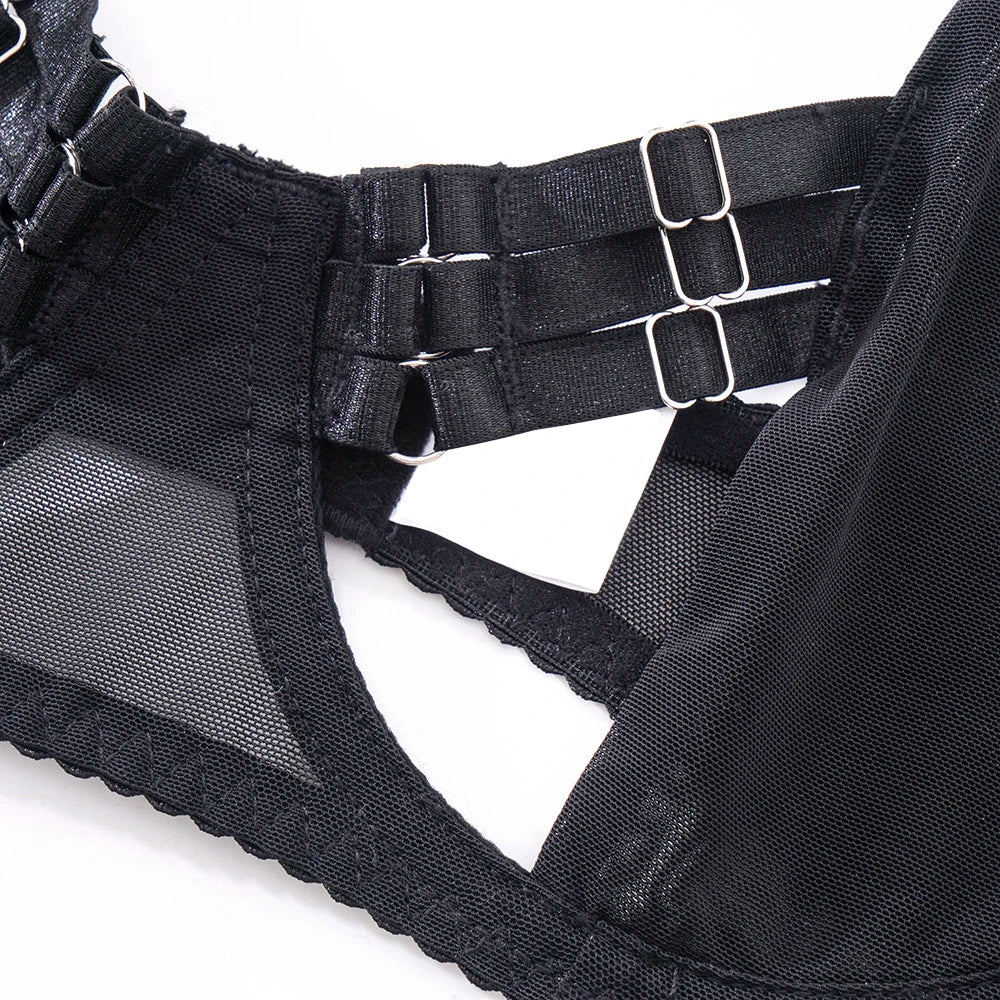 Sensual Lingerie Cut Out Bra Garter Lace Up Bandage Sissy Underwear 4-Piece Exotic Sets Transparent Mesh Intimate