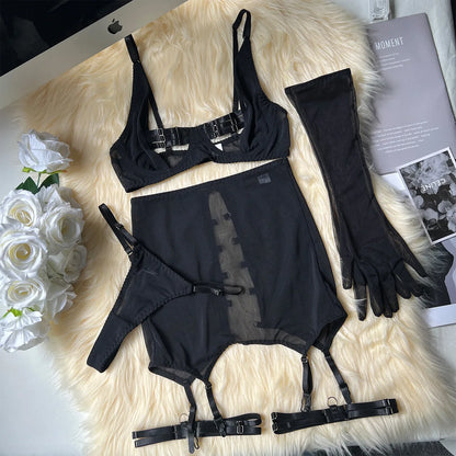 Sensual Lingerie Cut Out Bra Garter Lace Up Bandage Sissy Underwear 4-Piece Exotic Sets Transparent Mesh Intimate