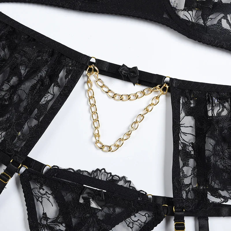 Ellolace Lingerie Luxury Lace Female Underwear Sexy Transparent Bra Panty Sets With Chain Fancy See Through Exotic Sets 4-Piece