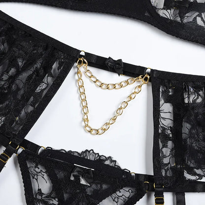 Ellolace Lingerie Luxury Lace Female Underwear Sexy Transparent Bra Panty Sets With Chain Fancy See Through Exotic Sets 4-Piece