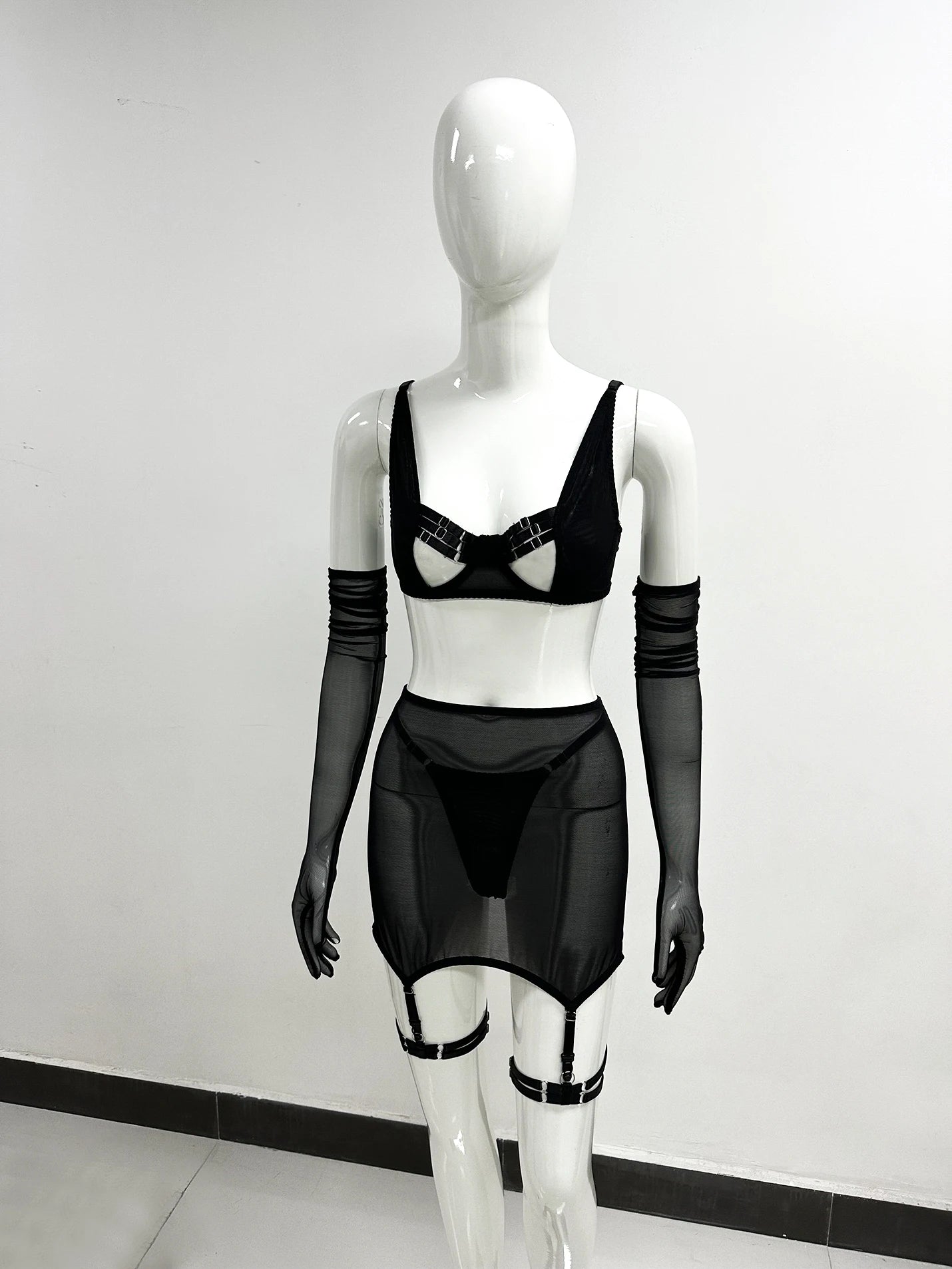 Sensual Lingerie Cut Out Bra Garter Lace Up Bandage Sissy Underwear 4-Piece Exotic Sets Transparent Mesh Intimate