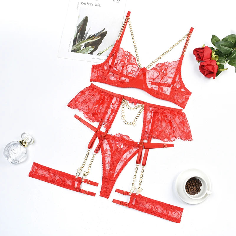 Ellolace Lingerie Luxury Lace Female Underwear Sexy Transparent Bra Panty Sets With Chain Fancy See Through Exotic Sets 4-Piece