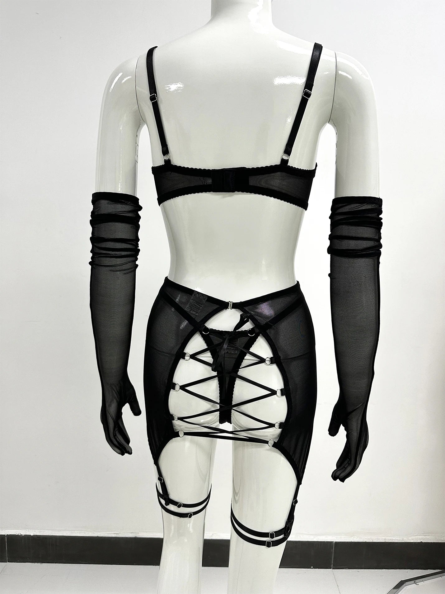 Sensual Lingerie Cut Out Bra Garter Lace Up Bandage Sissy Underwear 4-Piece Exotic Sets Transparent Mesh Intimate