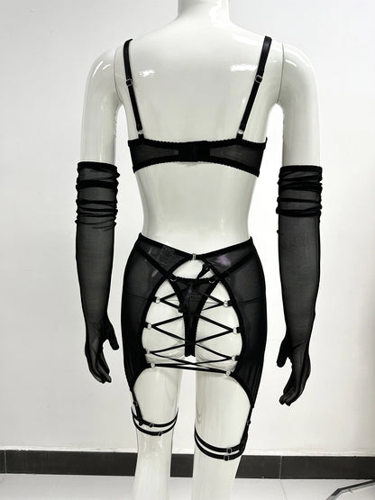 Sensual Lingerie Cut Out Bra Garter Lace Up Bandage Sissy Underwear 4-Piece Exotic Sets Transparent Mesh Intimate