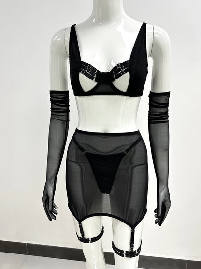 Sensual Lingerie Cut Out Bra Garter Lace Up Bandage Sissy Underwear 4-Piece Exotic Sets Transparent Mesh Intimate