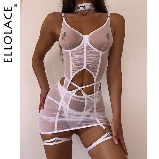 Ruffle Erotic Lingerie Transparent Lace Fancy Underwear Lifting Bolt Sensual Outfit Sheer Mesh Sissy Exotic Sets