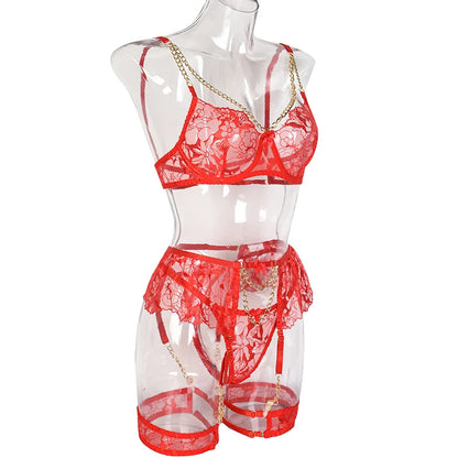 Ellolace Lingerie Luxury Lace Female Underwear Sexy Transparent Bra Panty Sets With Chain Fancy See Through Exotic Sets 4-Piece
