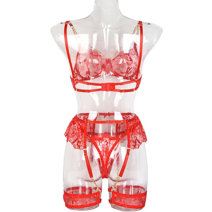 Ellolace Lingerie Luxury Lace Female Underwear Sexy Transparent Bra Panty Sets With Chain Fancy See Through Exotic Sets 4-Piece