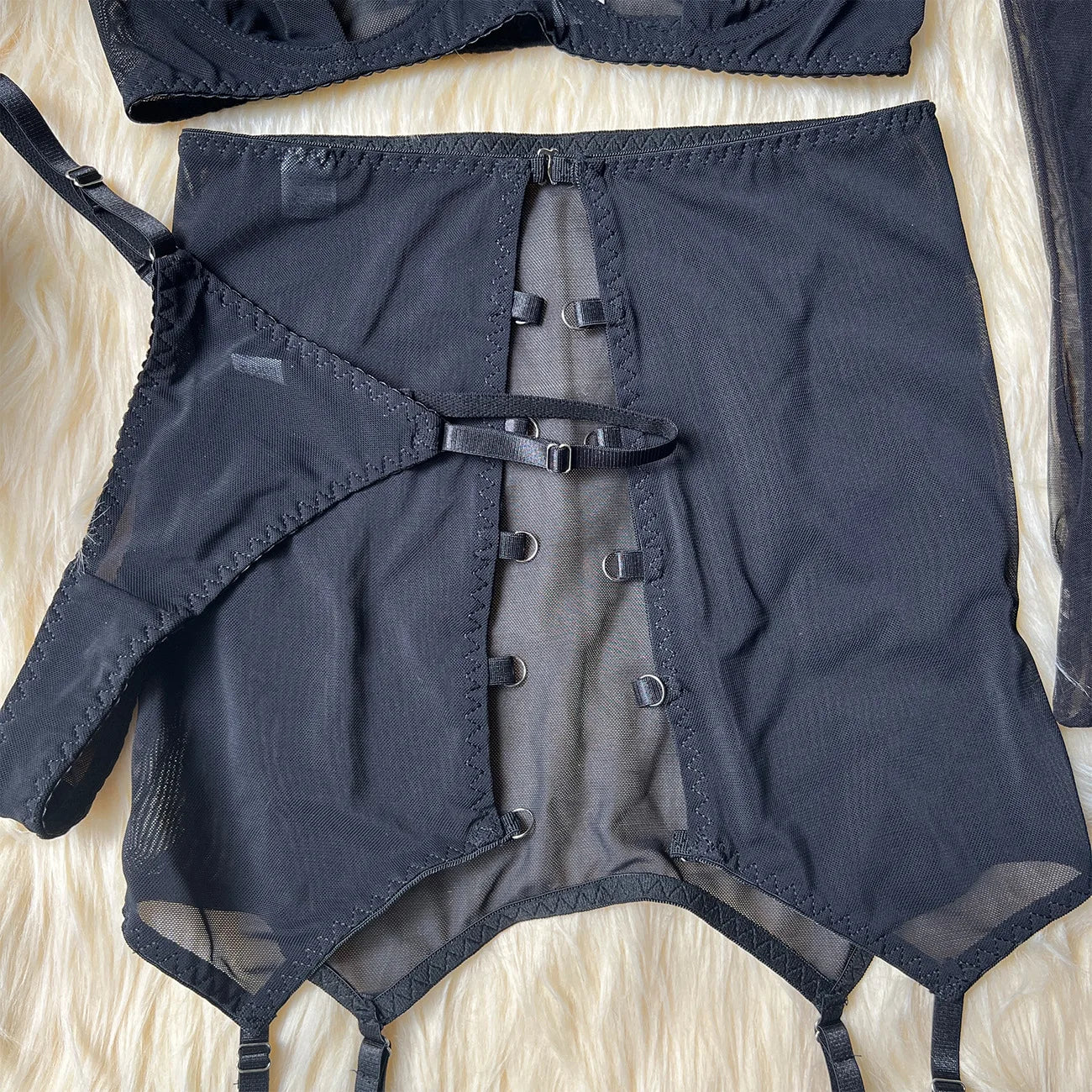 Sensual Lingerie Cut Out Bra Garter Lace Up Bandage Sissy Underwear 4-Piece Exotic Sets Transparent Mesh Intimate