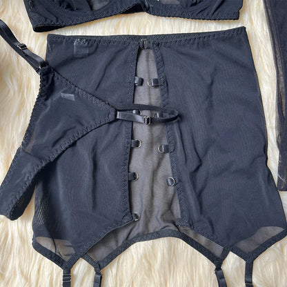 Sensual Lingerie Cut Out Bra Garter Lace Up Bandage Sissy Underwear 4-Piece Exotic Sets Transparent Mesh Intimate