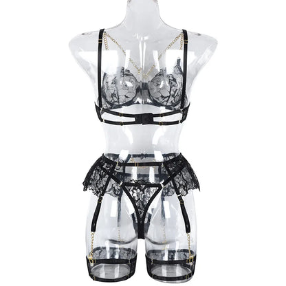 Ellolace Lingerie Luxury Lace Female Underwear Sexy Transparent Bra Panty Sets With Chain Fancy See Through Exotic Sets 4-Piece