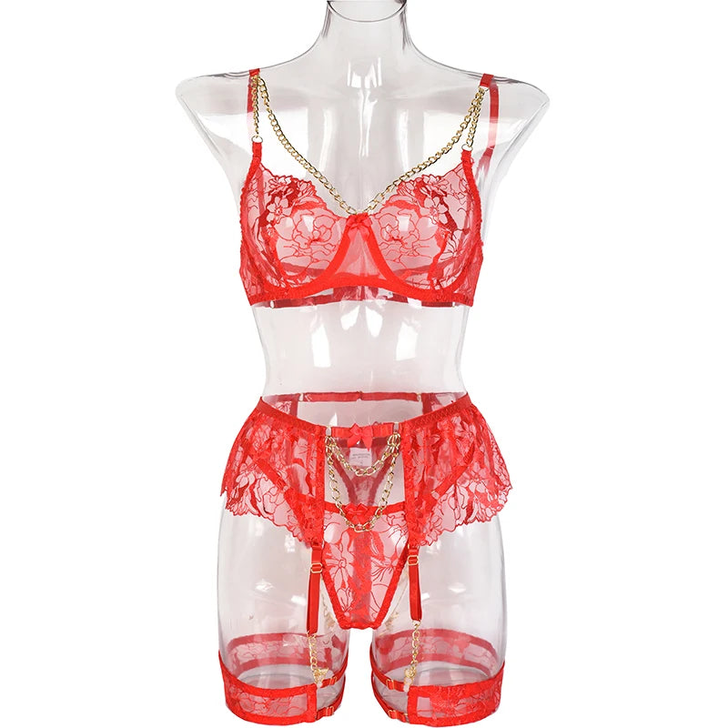 Ellolace Lingerie Luxury Lace Female Underwear Sexy Transparent Bra Panty Sets With Chain Fancy See Through Exotic Sets 4-Piece