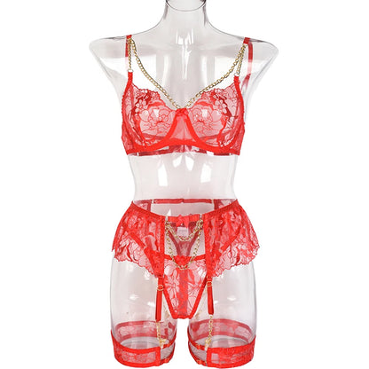 Ellolace Lingerie Luxury Lace Female Underwear Sexy Transparent Bra Panty Sets With Chain Fancy See Through Exotic Sets 4-Piece