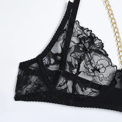 Ellolace Lingerie Luxury Lace Female Underwear Sexy Transparent Bra Panty Sets With Chain Fancy See Through Exotic Sets 4-Piece