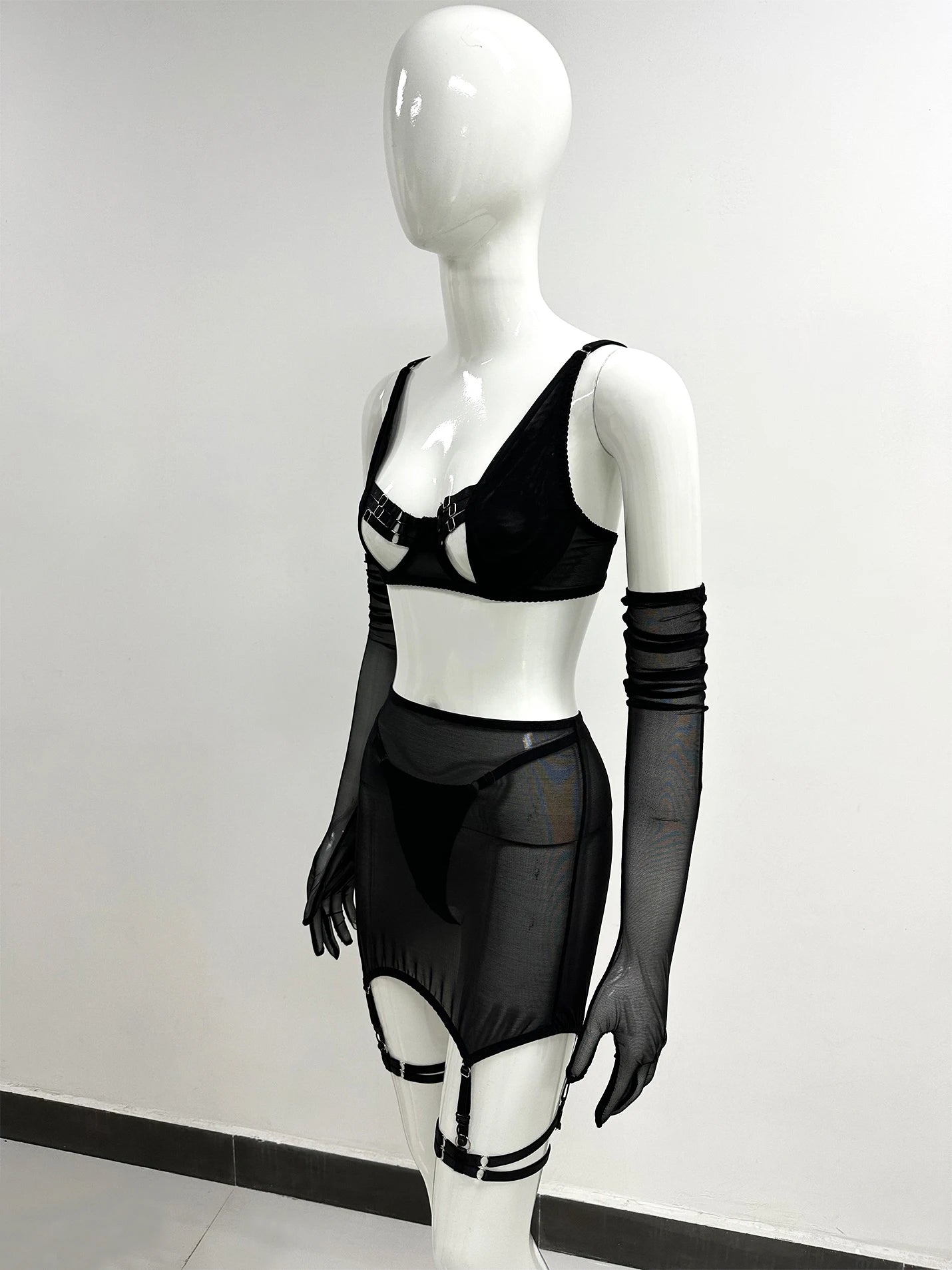 Sensual Lingerie Cut Out Bra Garter Lace Up Bandage Sissy Underwear 4-Piece Exotic Sets Transparent Mesh Intimate