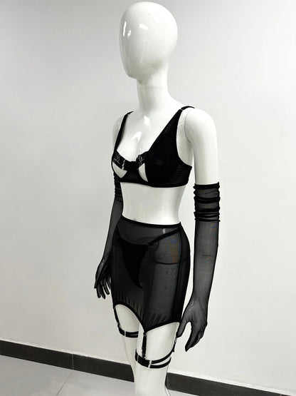 Sensual Lingerie Cut Out Bra Garter Lace Up Bandage Sissy Underwear 4-Piece Exotic Sets Transparent Mesh Intimate