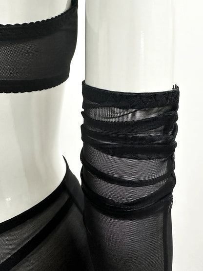 Sensual Lingerie Cut Out Bra Garter Lace Up Bandage Sissy Underwear 4-Piece Exotic Sets Transparent Mesh Intimate