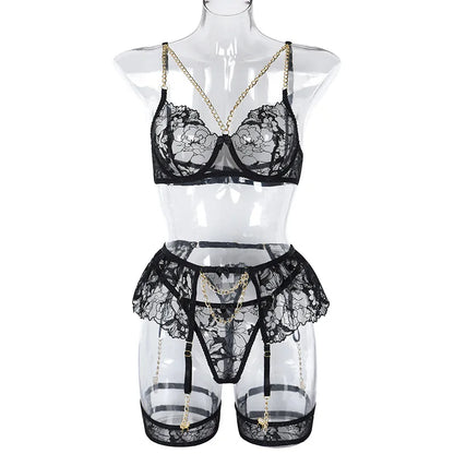 Ellolace Lingerie Luxury Lace Female Underwear Sexy Transparent Bra Panty Sets With Chain Fancy See Through Exotic Sets 4-Piece