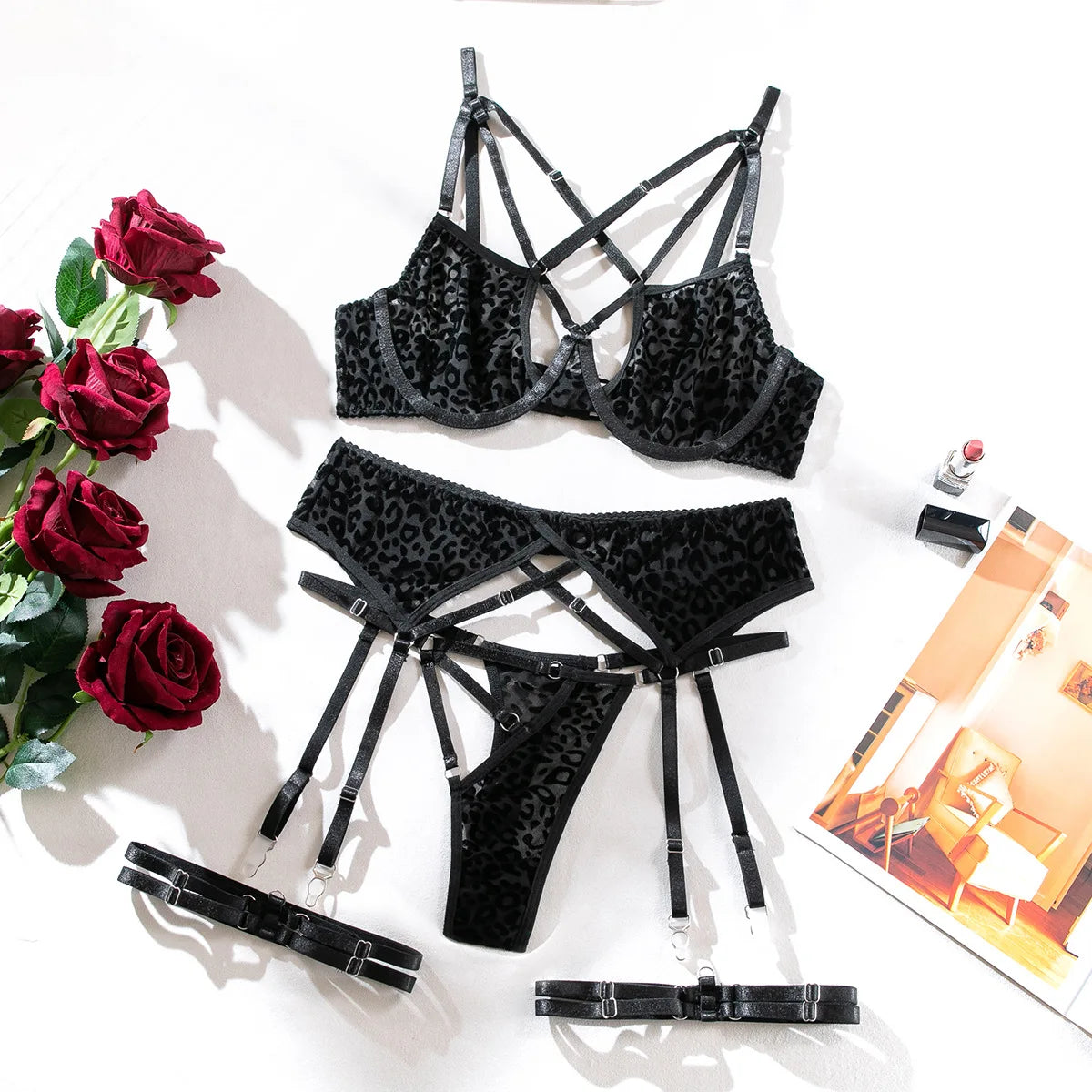 Ellolace Leopard Velvet Lingerie Sensual Cross Bra Kit Push Up See Through Sexy Outfits Sissy Exotic Sets Fancy Bilizna Set LACYMATE®