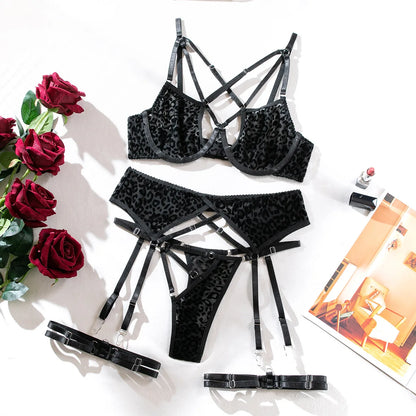 Ellolace Leopard Velvet Lingerie Sensual Cross Bra Kit Push Up See Through Sexy Outfits Sissy Exotic Sets Fancy Bilizna Set LACYMATE®