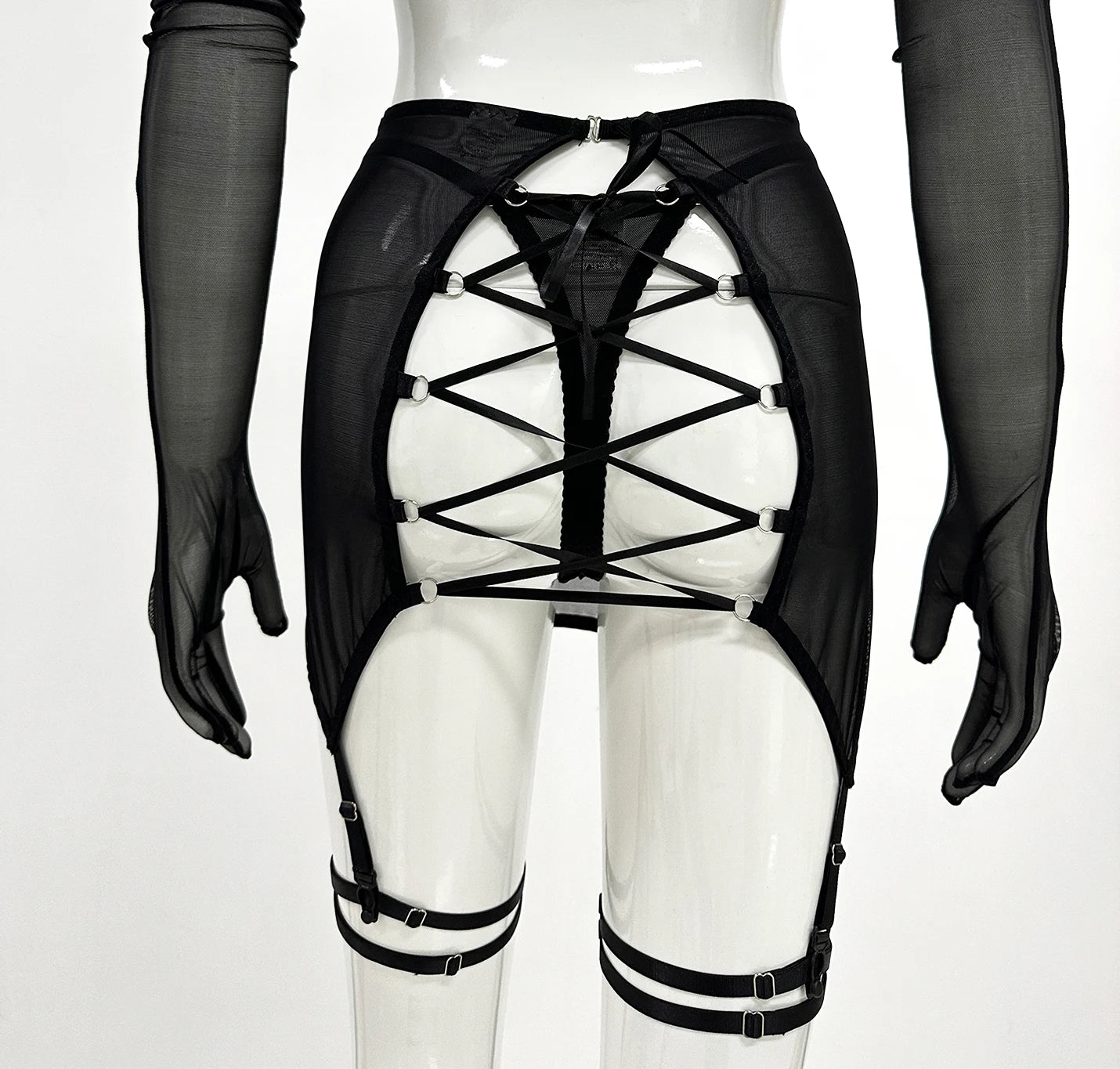 Sensual Lingerie Cut Out Bra Garter Lace Up Bandage Sissy Underwear 4-Piece Exotic Sets Transparent Mesh Intimate