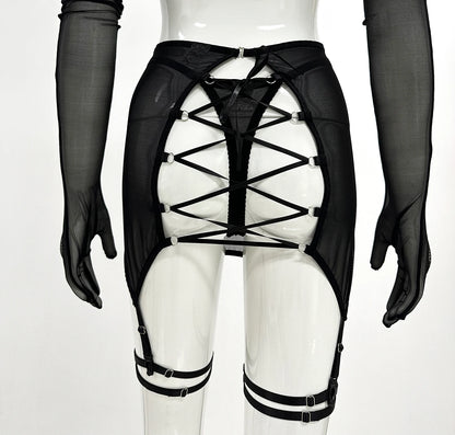 Sensual Lingerie Cut Out Bra Garter Lace Up Bandage Sissy Underwear 4-Piece Exotic Sets Transparent Mesh Intimate