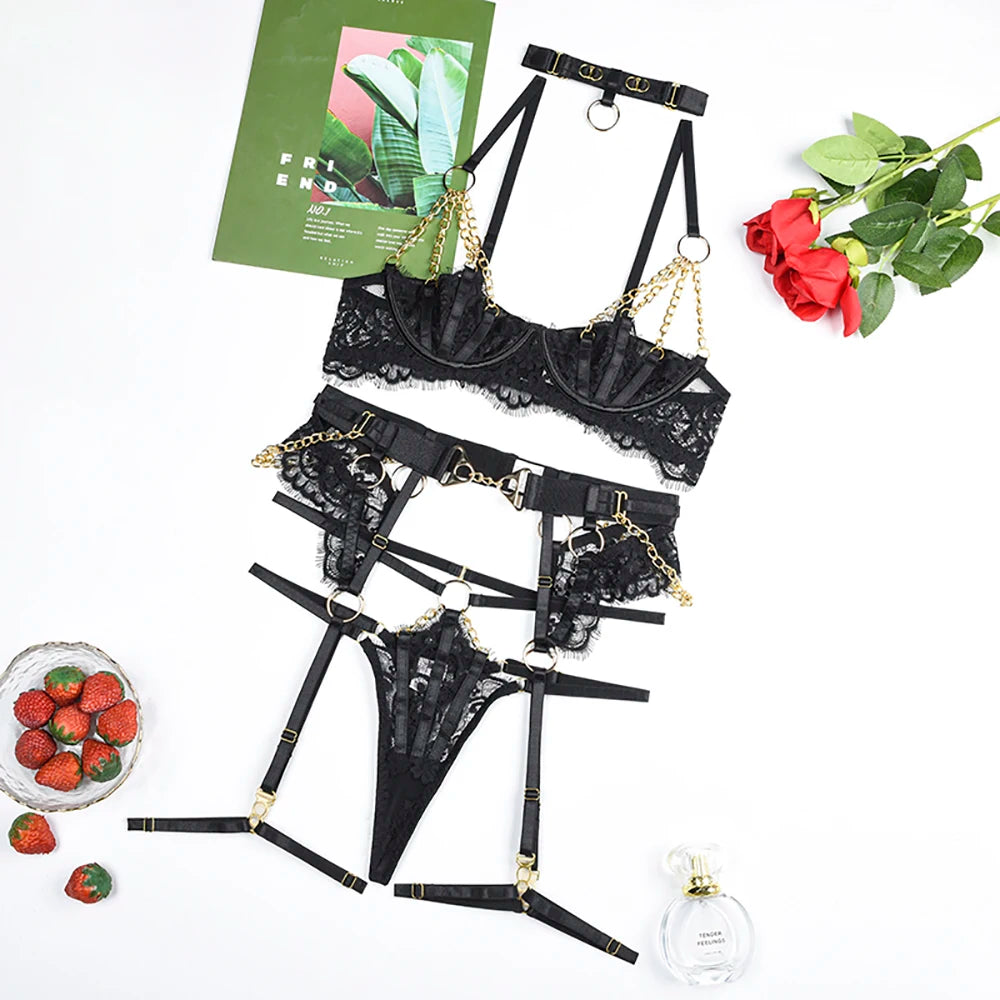 Fancy Lingerie Luxury Lace Push Up Half Cup Bra With Chain Hot Sexy Red Delicate Underwear Valentine Sissy Intimate LACYMATE®