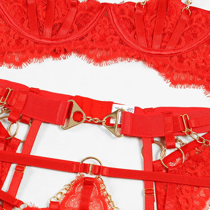 Fancy Lingerie Luxury Lace Push Up Half Cup Bra With Chain Hot Sexy Red Delicate Underwear Valentine Sissy Intimate LACYMATE®