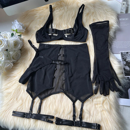 Sensual Lingerie Cut Out Bra Garter Lace Up Bandage Sissy Underwear 4-Piece Exotic Sets Transparent Mesh Intimate