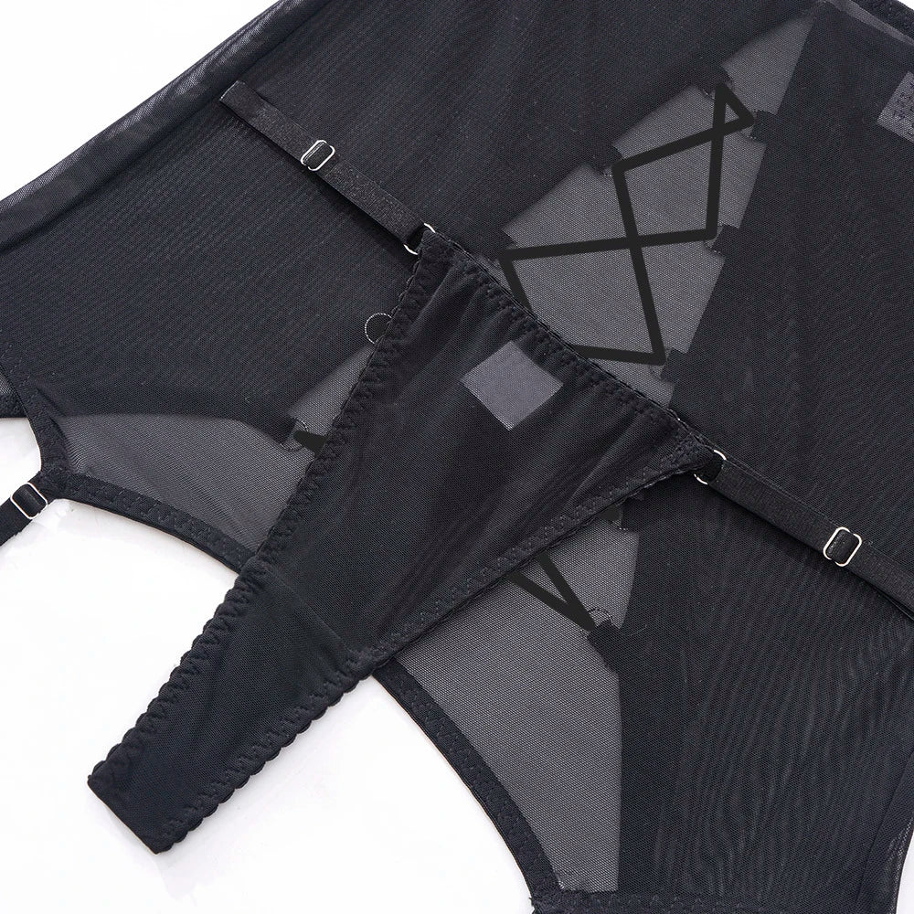 Sensual Lingerie Cut Out Bra Garter Lace Up Bandage Sissy Underwear 4-Piece Exotic Sets Transparent Mesh Intimate